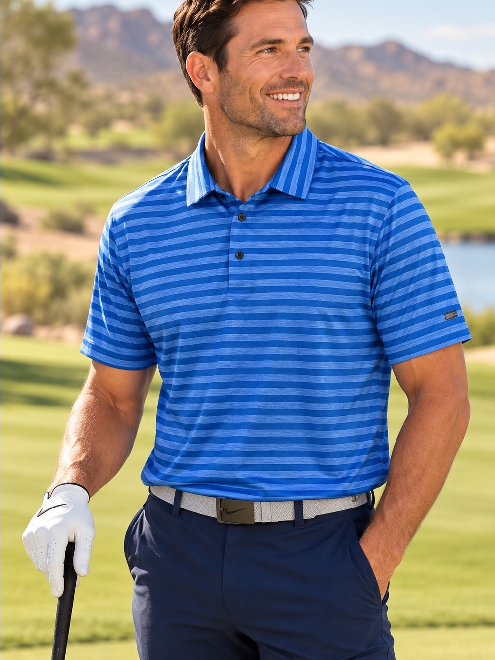 Nike Tiger Woods Collection Golf Polo Men’s XL Blue Striped Dri-FIT Stretch